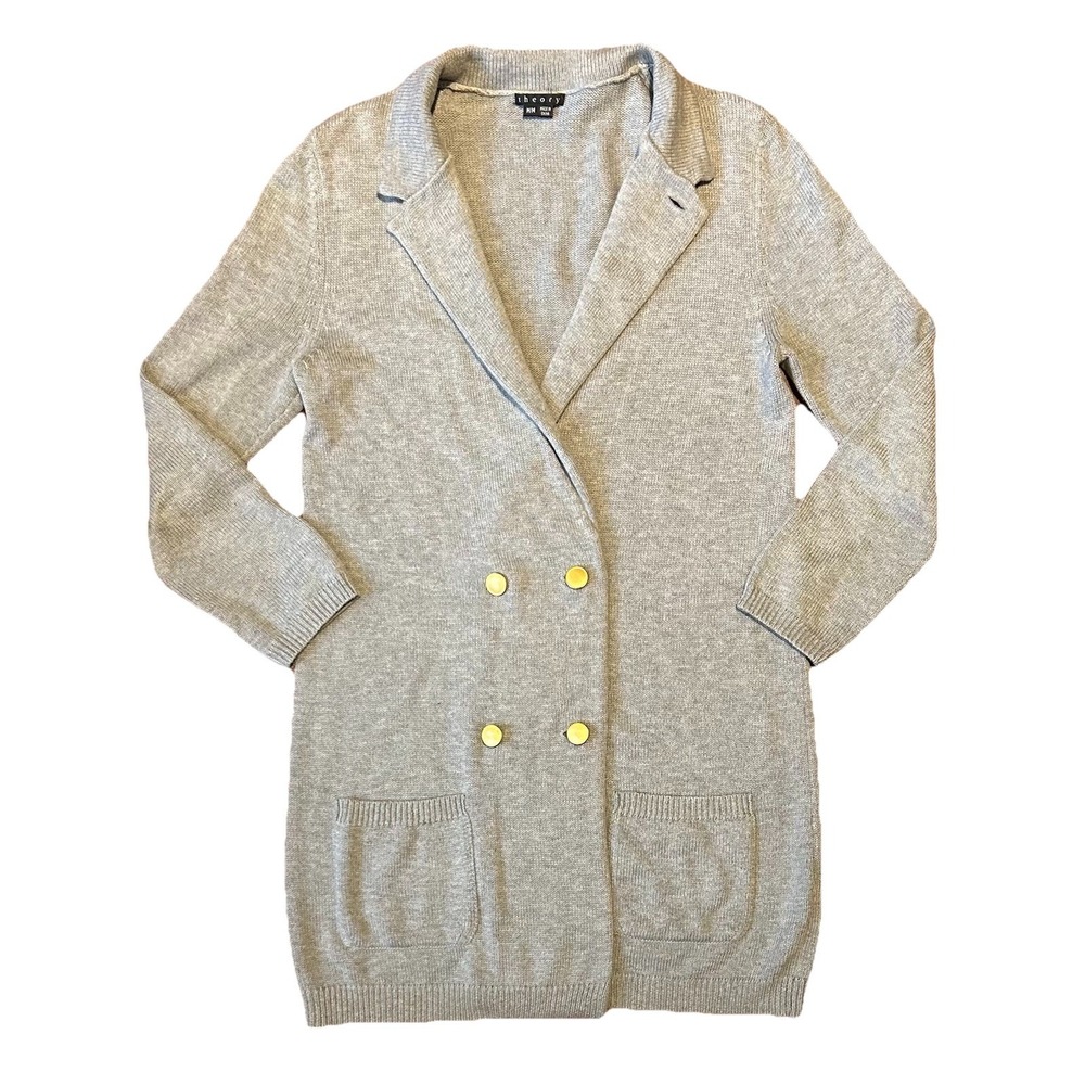 Theory Sweater Blazer Cashmere Blend Knit Cardigan‎ Double Breasted Gray Sz M